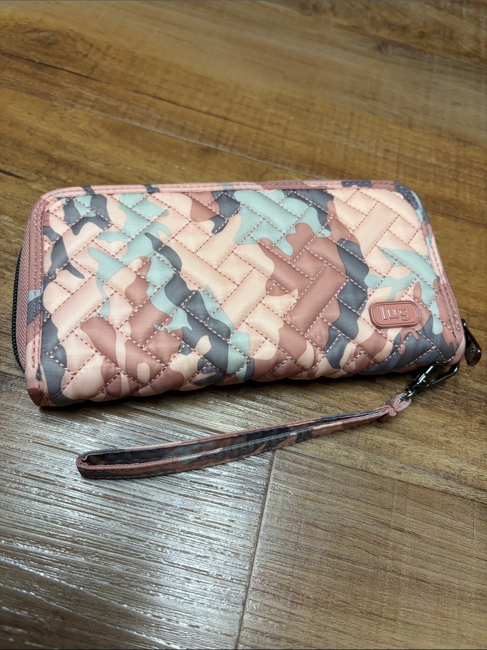 LUG handspring RFID Quilted Wristlet zip around Wallet in Pink, Mint & Gray Camo